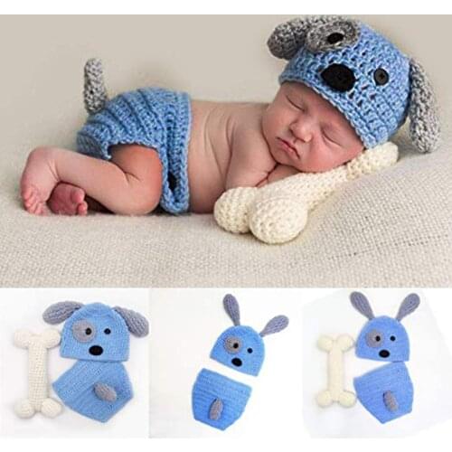 Baby Clothing Cute Crochet Newborn Photo Props Costume Baby Photograph Props Dog Clothes Pant Hat Bone for 0-9 Months