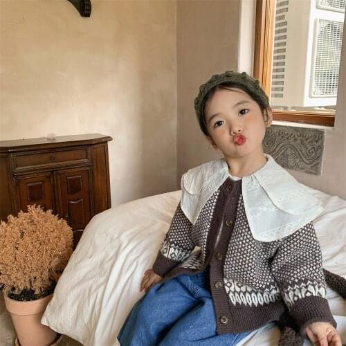 Korean Childrens Clothes 2021 Autumn Winter Girls Knitted Sweater Retro Cardigan Coat
