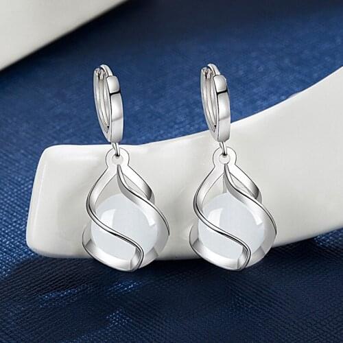 Elegant 925 Silver Earrings 2021 New Trend Twist Design Round Opal Stone Woman Earring Wedding Birthday Party Fashion Jewelry