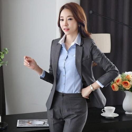 IZICFLY Spring Autumn High-End New Gray Office Work Wear 2 Piece Set Women Business Elegant Pants Blazer Suits Outfits