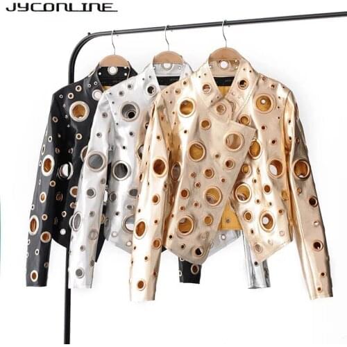 JYConline 2019 Fashion PU Women Jacket Autumn Metal Motor Punk Bomber Jacket Silver Golden Hollow Out Jacket Female Streetwear