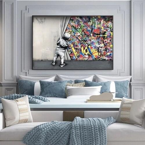 Modern Street Art Pictures Kids Lover Behind The Curtain Graffiti Art Painitngs on the Wall Art Posters and Prints Home Decor