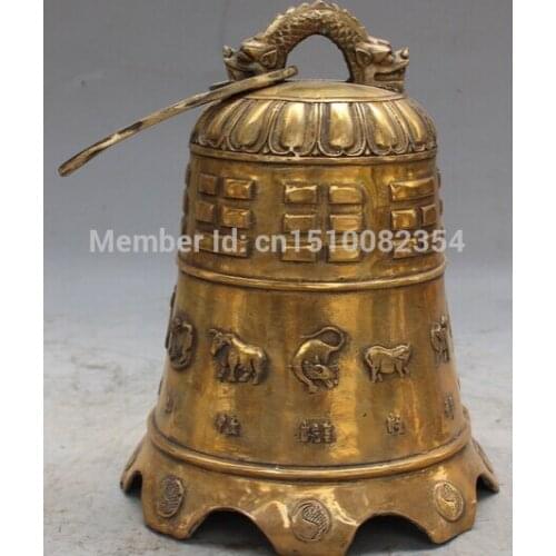China Bronze Temple FengShui Dragon Head Zodiac Animal Gossip Small bell Statue
