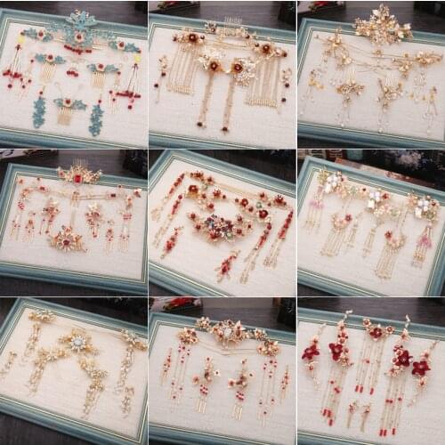 Chinese Bride Headdress Set Fringed Long tiara Red Ancient Phoenix Crown wedding Hair Accessories wholesale