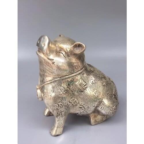 Collection Chinese Tibet Silver Carved Zodiac Animal Statue Pig Fortune Pig Copper Pig Fat Pig Wealth Decoration Crafts
