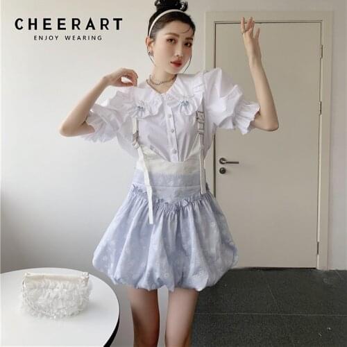 CHEERART Suspender Pumpkin Floral Summer Dress 2021 Blue Japanese Fashion Kawaii Cute Mini Ruched Dress Women Clothing