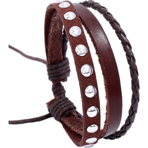 Punk Fashion Rivets Multilayer Bracelet Wrap Vintage Brown Braided Leather Round Charm Bangle Casual Wristband Women Men Jewelry
