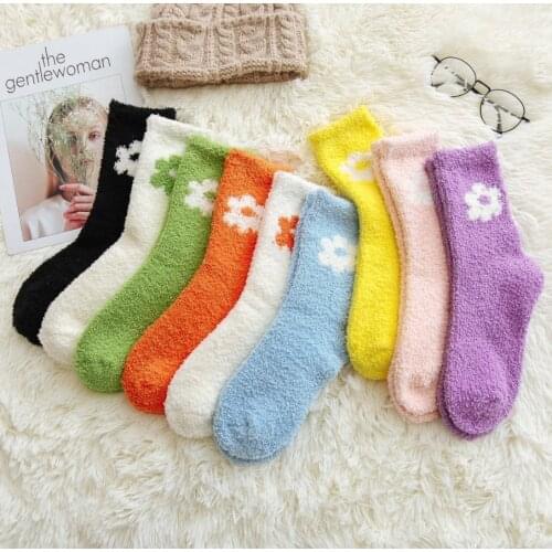 Cute Socks Women Bed Socks Pure Solid Color Fluffy Warm Winter Sock Soft Floor Home Funny flower Socks Thick New Year Gift Girls