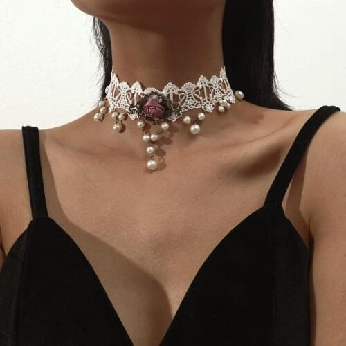 New Fashion Collares Sexy Gothic Chokers White Pearl Lace Neck Choker Necklace Vintage Women Wedding Choker Jewelry