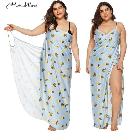 Plus Size XL-5XL Women Blue Print Cover Dress Up Summer Beach Sunscreen Wrap Dress Backless Maxi Bikini Dress Swimwear Robe