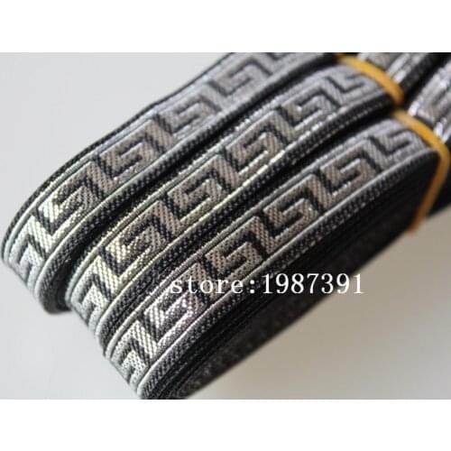 Wide 1.1cm 21yards/lot Polyester Woven Jacquard Ribbon black background silvery geometric pattern LS-8414