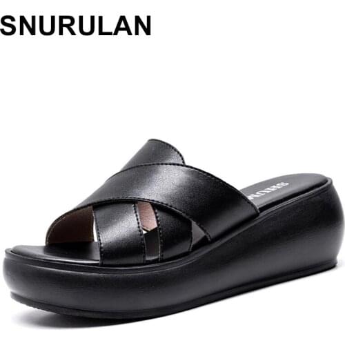 SNURULAN Slippers Woman Platform Genuine Leather Summer Shoes Fashion Wedges Heels Sandals Womens Slides Large Size 40-41