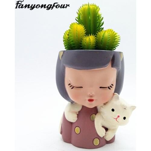 Cute girl kitten flower pot silicone mold fondant cake mold concrete resin plaster chocolate candle mold diy handmade