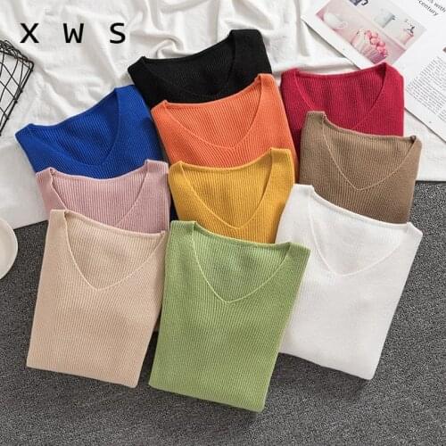 2020 basic v-neck solid autumn winter Sweater Pullover Women Female Knitted sweater slim long sleeve badycon sweater cheap