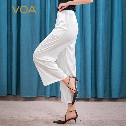 VOA 19m/m Silk Jacquard White Dark Fringe Jacquard Simple Side Pocket Casual Breathable Stretch Wide Leg Pants KE105