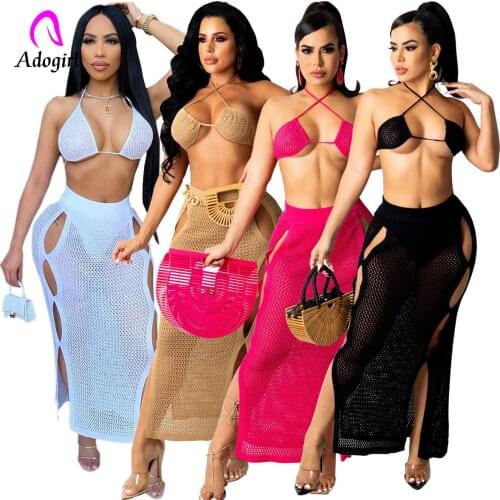 Fishnet Women 2 Piece Set Halter Bikini Top + Hollow Out Skirts Matching Set Sexy Knitted Backless Summer Beach Bathing Suit Set