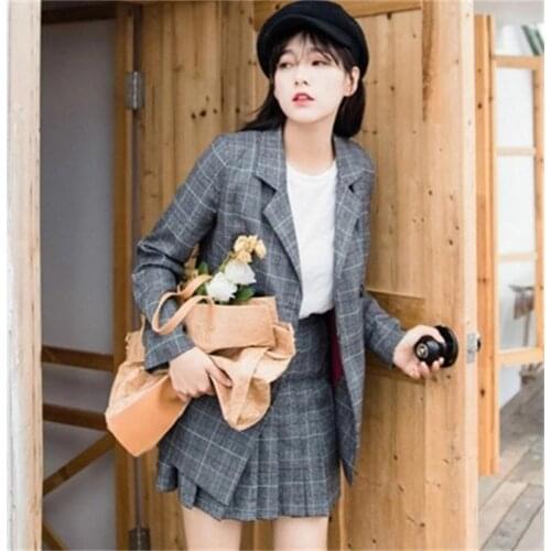 Women Plaid Suit suit New Plaid small suit female autumn temperament British high waist pleated skirt two-piece suit women