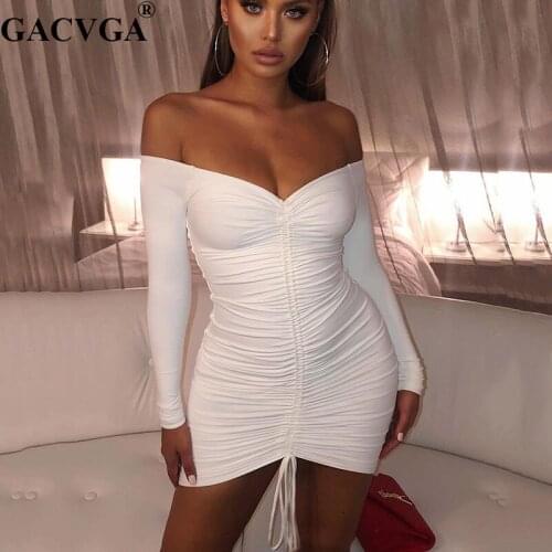 GACVGA 2020 Sexy Bandage Autumn Bodycon Dresses Black White Ruched Drawstring V Neck Dress Long Sleeve Women Mini Party Dress
