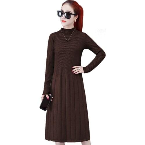 Half High Neck Knitted Sweater Dresses Women NEW Autumn Winter Dress Female Plus Size Slim Thick Medium Long Base Dresses