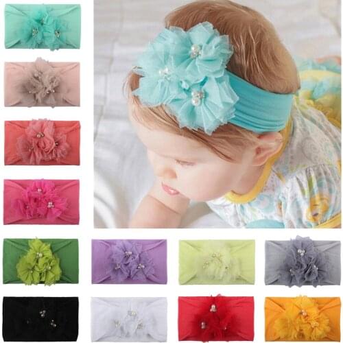 1pc 2019 New Girls Kid Baby Bow Hairband Headband Pearls Mesh Flower Stretch Turban Head Wrap Cute Hair Accessories Photo Props