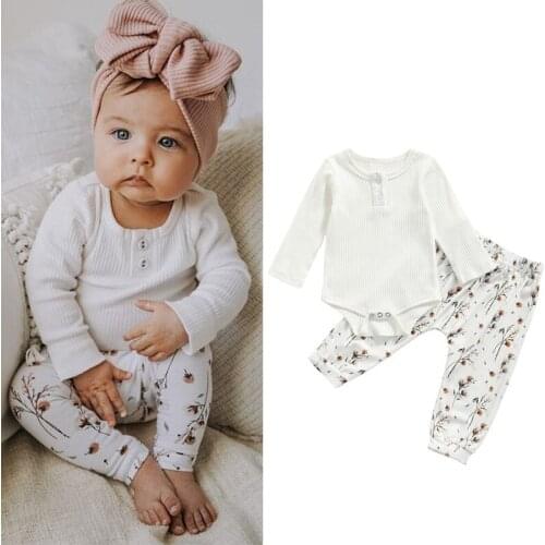 0-24m Baby 2pcs Spring Autumn Outfits Long Sleeve Button Front Rib Knit White Romper Floral Pants Set Baby Girls Clothing Set