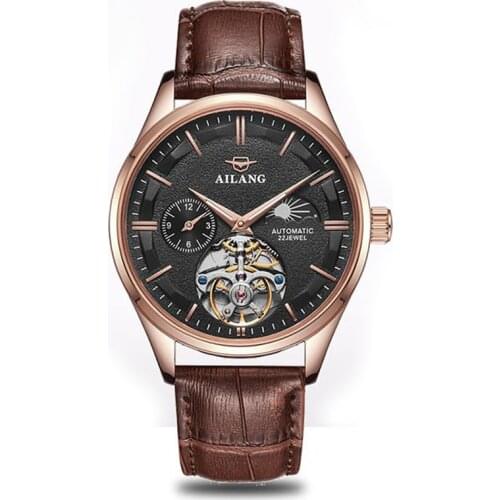 AILANG New Men Moon Phase Display Perspective Hollow Fully Automatic Mechanical Watch Wrist Pointer Tourbillon Waterproof 8607C