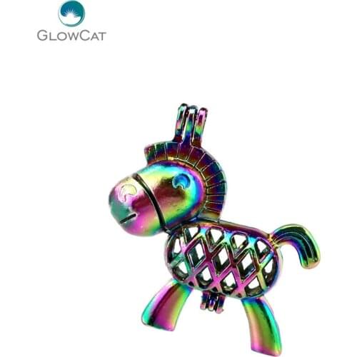 C66 5pcs/lot Rainbow Color lovely Mini Horse Pearl Beads Cage Locket Pendant Pearl Locket Fairytale Party