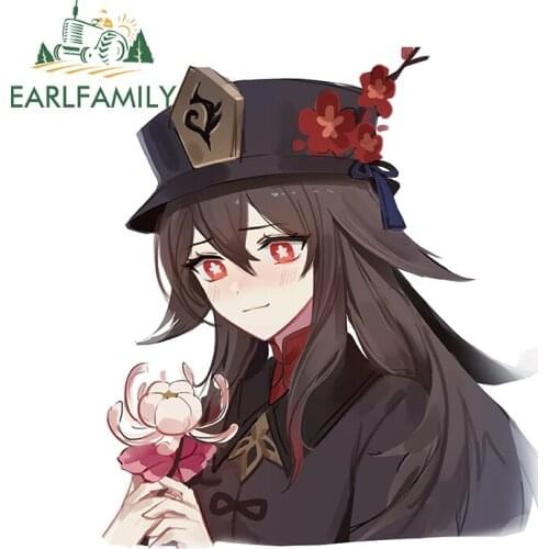 EARLFAMILY 13cm x 11.3cm for Hu Tao Car Stickers Waterproof Sunscreen Decals Occlusion Scratch Helmet Decor Vinyl Car Wrap