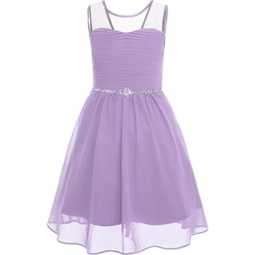 Elegant Girls Wedding Bridesmaid Dresses for Kids Sleeveless Crystal Sash Waist Lace-up Chiffon Dress Girls Party Princess Dress