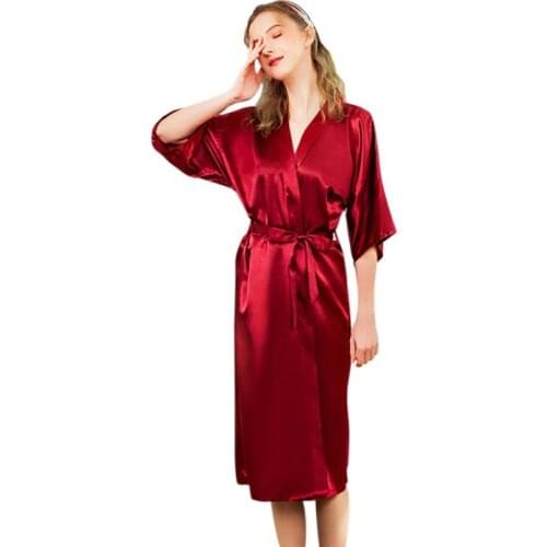 Imitation Silk Kimono Bathrobe Female Bride Bridesmaid Wedding Robe Gown Women Long Sleepwear M-2XL