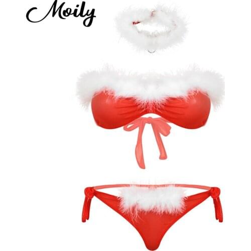 Hot Womens Sissy Sheer Mesh Sexy Santa Outfits Lingerie Cosplay Christmas Costume Erotic Set Strapless Bra Bikini Set Underwear
