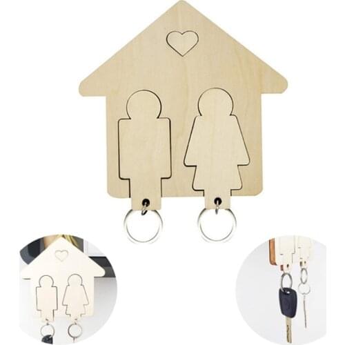 Creative DIY Couple Wall Hanging Key Pendant Holder Wooden House Shape Home Decorations Keychain
