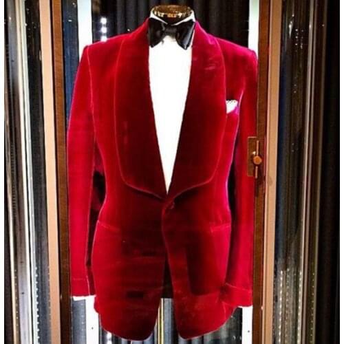 Nice men suits redjacket and black pant Mens Velvet Coat Blazer Jacket Red Designer Grooms Wedding Party Wear Casual