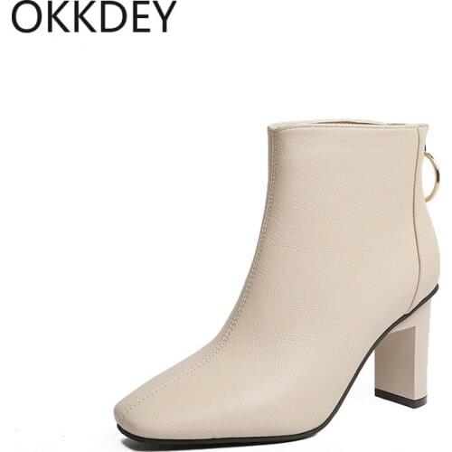 2020 autumn and winter new leather boots square toe high heel nude boots back zipper short boots thick heel womens shoes boots