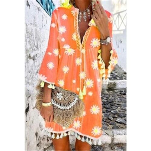 Plus size 3xl daisy dress boho hippie chic tassel 3/4 sleeve v neck print mini shift dress Purple orange pink gray blue tunic