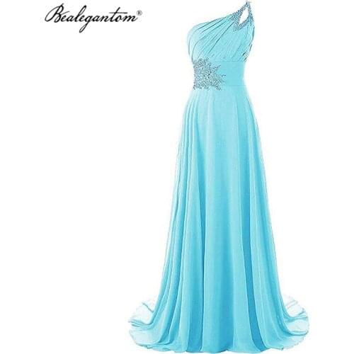 Elegant Cheap One Shoulder Chiffon Long Gradient Prom Dresses 2021 with Beaded Lace Up Ombre Evening Party Gowns Robes De Soiree