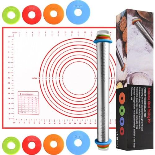 Adjustable Stainless Steel Rolling Pin Silicone Kneading Dough Mat Set Home Pizza Pastry Pie Baking Tool