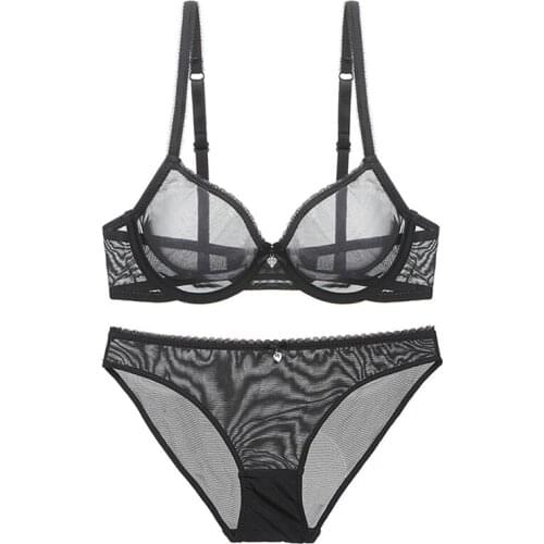 European And American Triangle Cup Sexy Underwear Ultra-Thin Transparent Mesh Bra Set Charming Temptation Lace Bow Ultra-Thin St