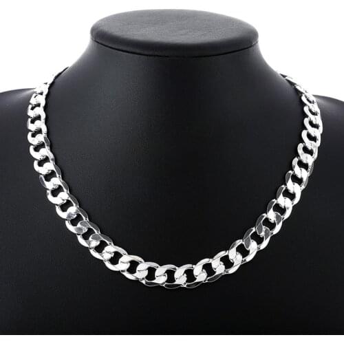 Silver colored 10mm wide Mens Necklace18- 24 inches Free shipping, N925 stamped Silver color plated chain men necklace