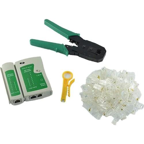 Network Ethernet LAN Kit 4 in 1 Cable Tester +Crimping Plier Crimper + Wire Stripper +100x Rj45 Cat5 Cat5e Connector Plug Netw
