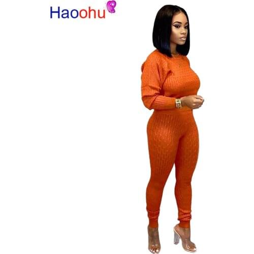 HAOOHU Sweater Two Piece Set Tracksuit Fall Winter Clothing Knitted Top Pant Sweat Suits Women 2 Piece Outfits Matching Sets