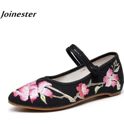 Spring Women Canvas Mary Jane Loafers Ethnic Floral Embroidered Pointed Toe Summer Flats Ladies Vintage Dress Shoes for Female