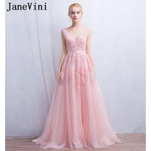 JaneVini Tulle Long Bridesmaid Dresses Pink Lace Appliqued Pearls Wedding Guest Party Dress A Line V-Neck vestidos de gala 2019