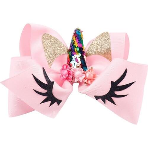 15 pcs/lot ,8-inch sequined horn small flower unicorn kid bow hairpin hair fashion accessories grosgrain Bowknot