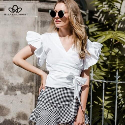 Bella Philosophy summer highstreet v neck wrap collar ruffles ladies blouse casual sashes blouse short butterfly sleeve blusas