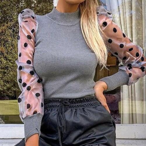 Women Ribbed Knitted Shirt Spring Sheer Mesh Polka Dot Puff Long Sleeve Loose Casual Polka Dots Blouse Elegant Turtleneck Tops