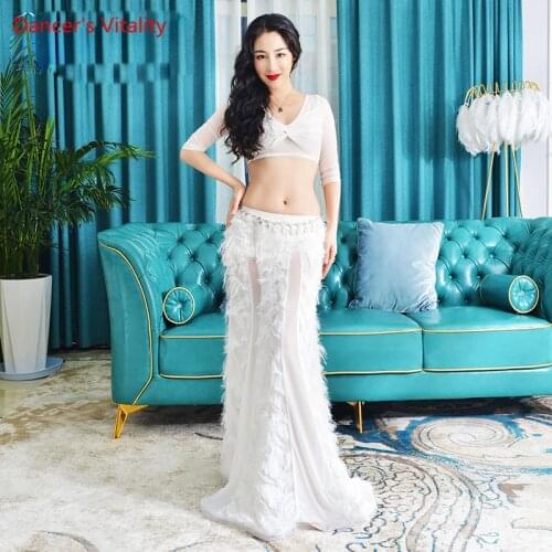 New Belly Dance Set Female Sexy Elegant Top Practice Clothes Profession Performance Feather Long Skirt Two-Piece Suit