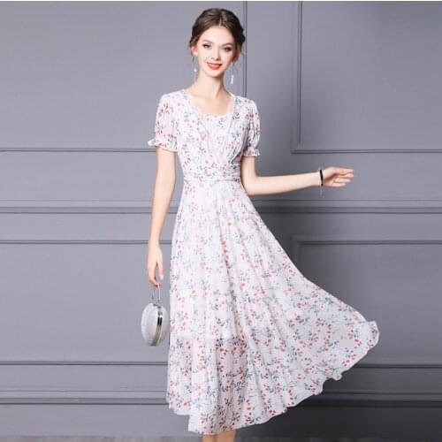 Womens White Pure Lace Flower Printing Dress Long Lady Cool Slim Classy Short Sleeve Skirt Gentle Waist Spring OL A-Line Skirts