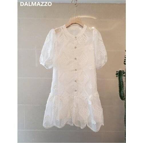 Vintage Lace Embroidery Women O Neck Single-breasted Midi Dress 2021 Newest Summer Womans Black White Runway Mini Dresses Femme