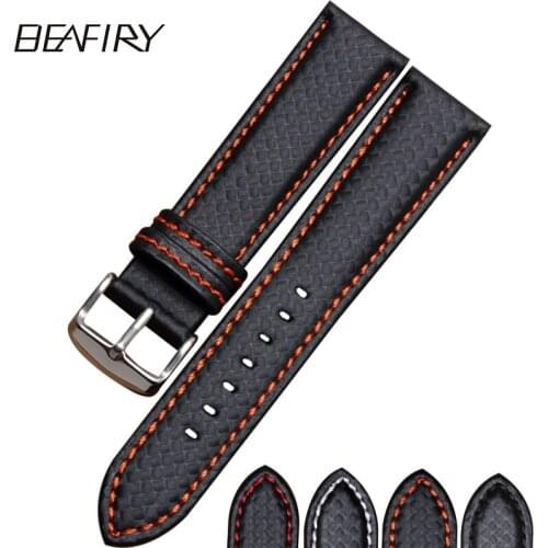 BEAFIRY 2020 New Carbon Fiber Leather Watch Band 18mm 20mm 22mm 24mm Black watch Straps Handmade Watchbands for Men Women